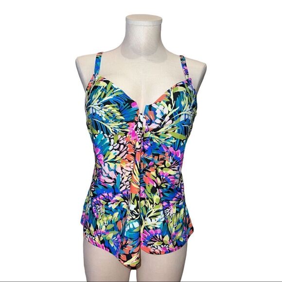 Island Escape Black Multicolor Waterfall Gardens Printed Tankini Swim Top 8 NWT - Picture 2 of 8